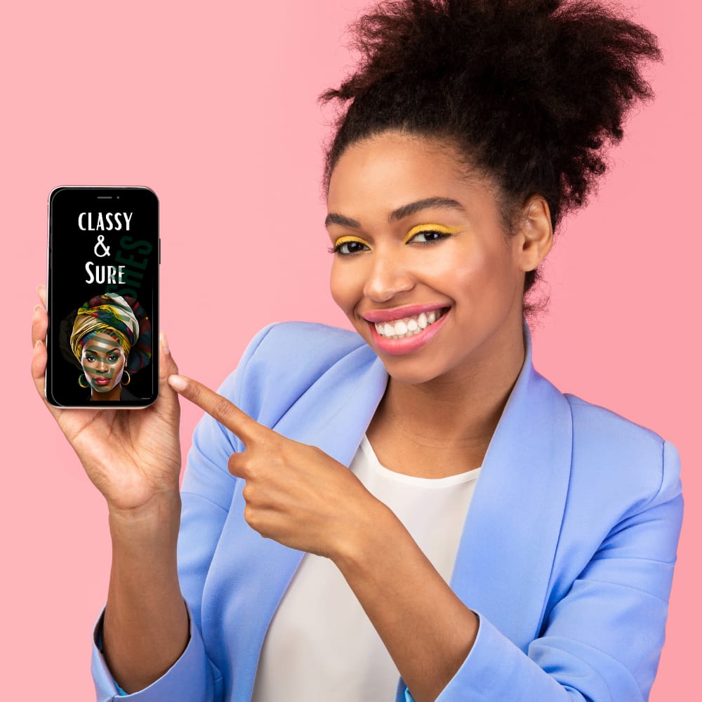 Empowered Woman Black woman holding phone while pointing and smiling