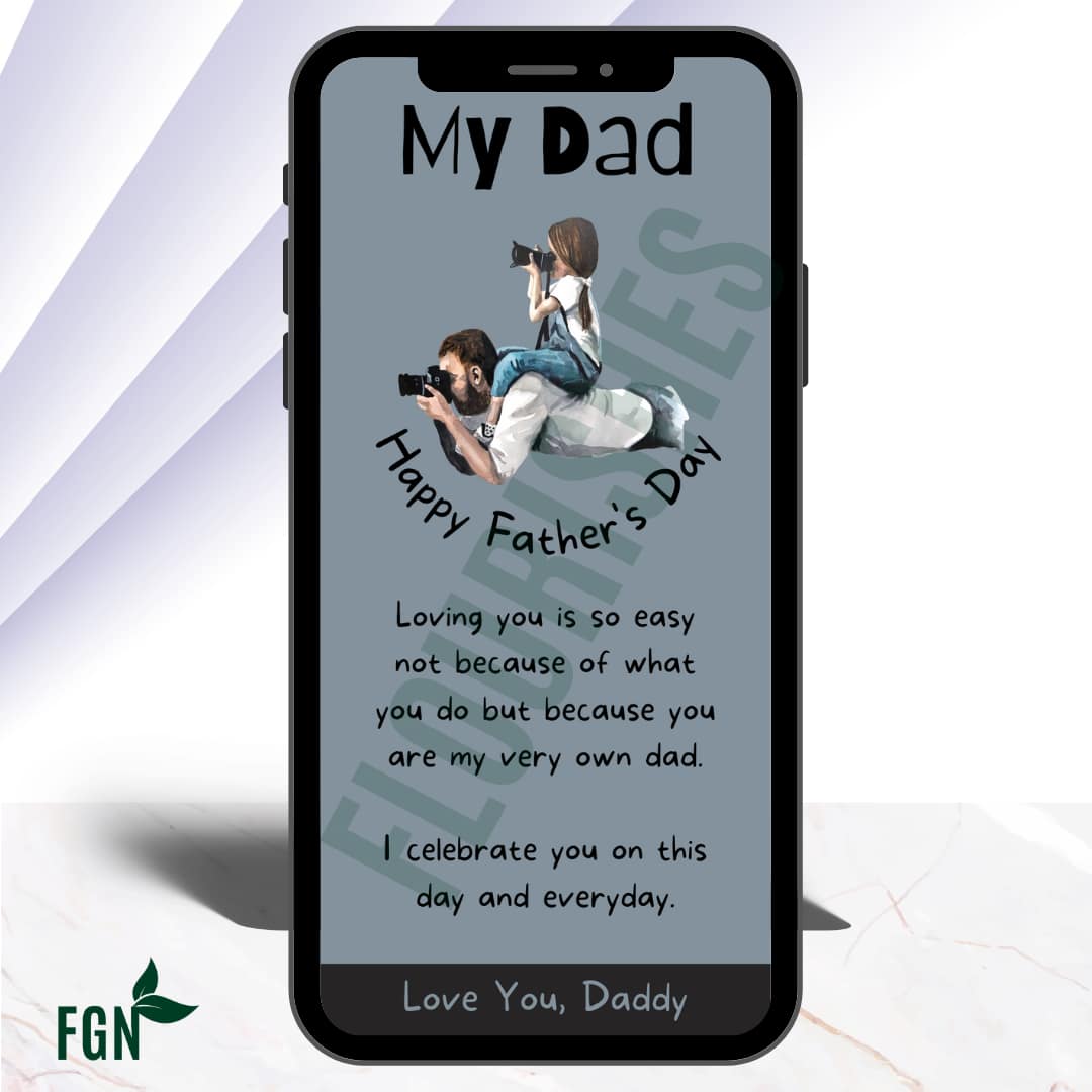 Mobile phone mockup of dad laying down with daughter sitting on back looking through binoculars