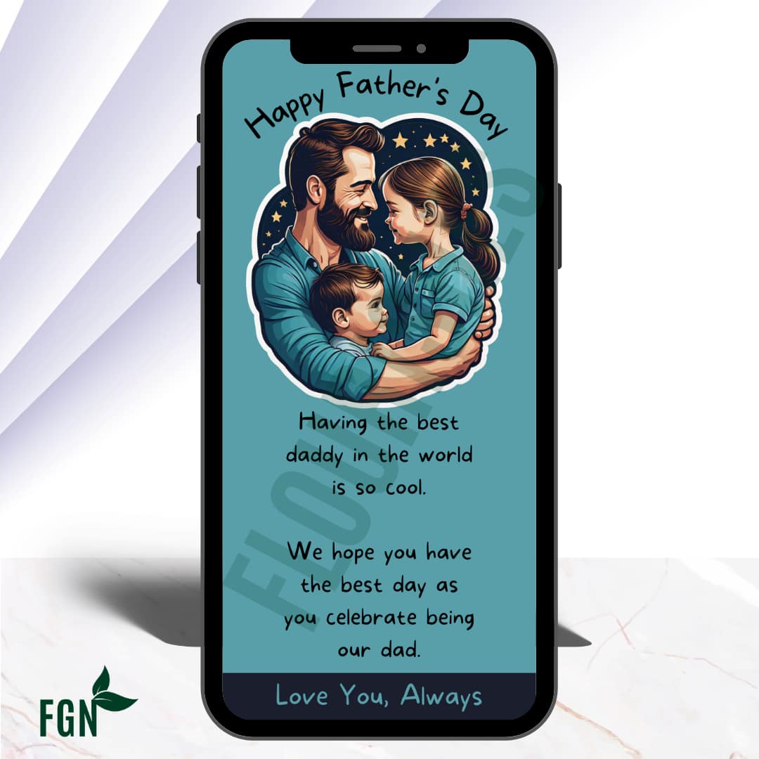 Mobile phone mockup of dad holding two children in his arms lovingly