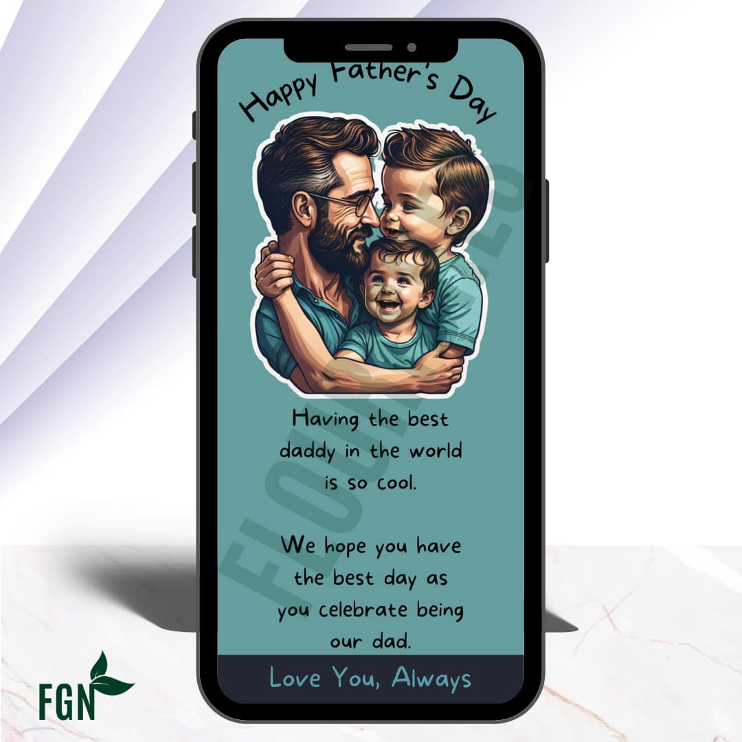 Mobile phone mockup of dad holding and smiling with two little children in his arms
