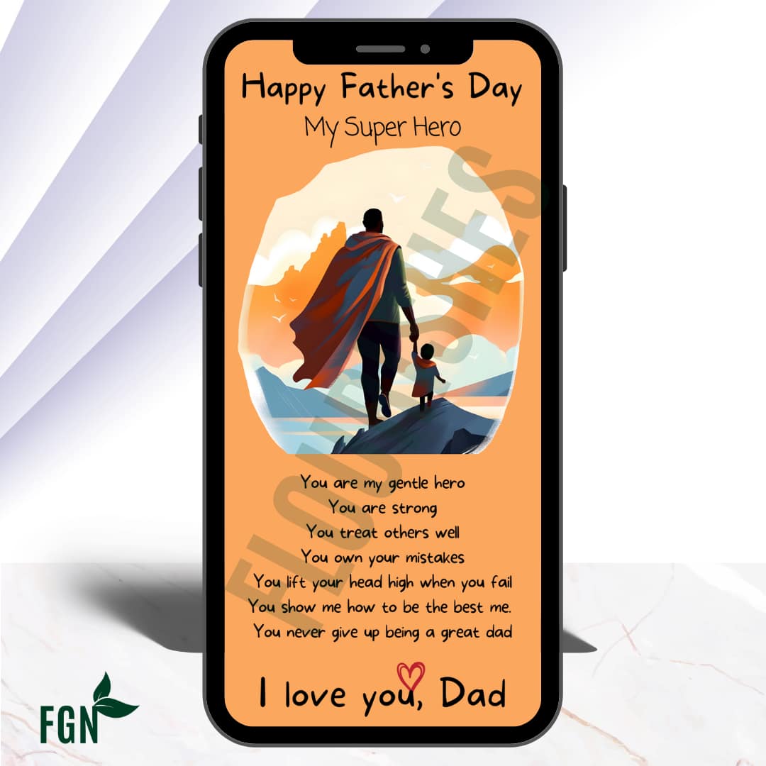 Mobile phone mockup of dad wearing superhero cape and holding smile child on a hill