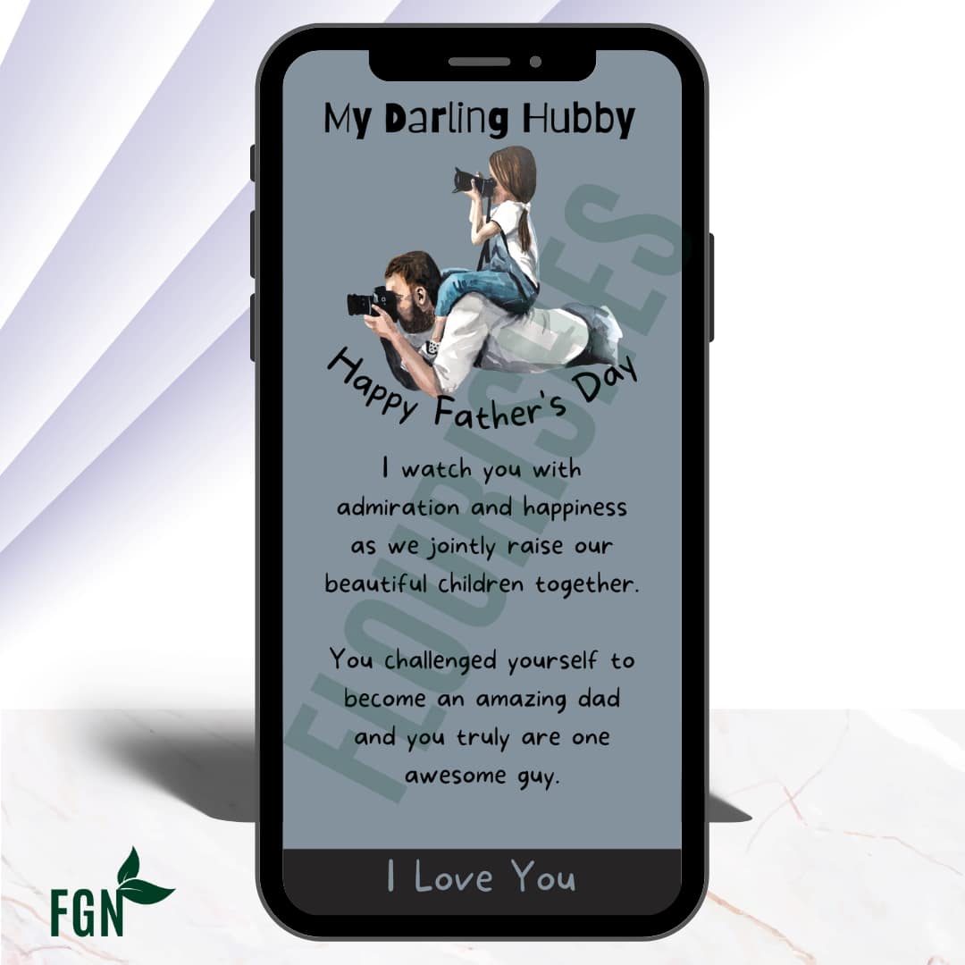 Mobile phone mockup of daughter sitting on dad's back as they each look through binoculars