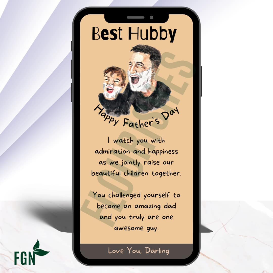 Mobile phone mockup of dad and son laughing with shaving cream on their faces