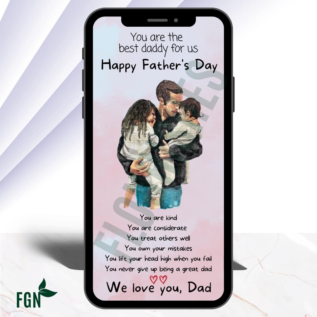 Mobile phone mockup of dad holding two small children in his arms