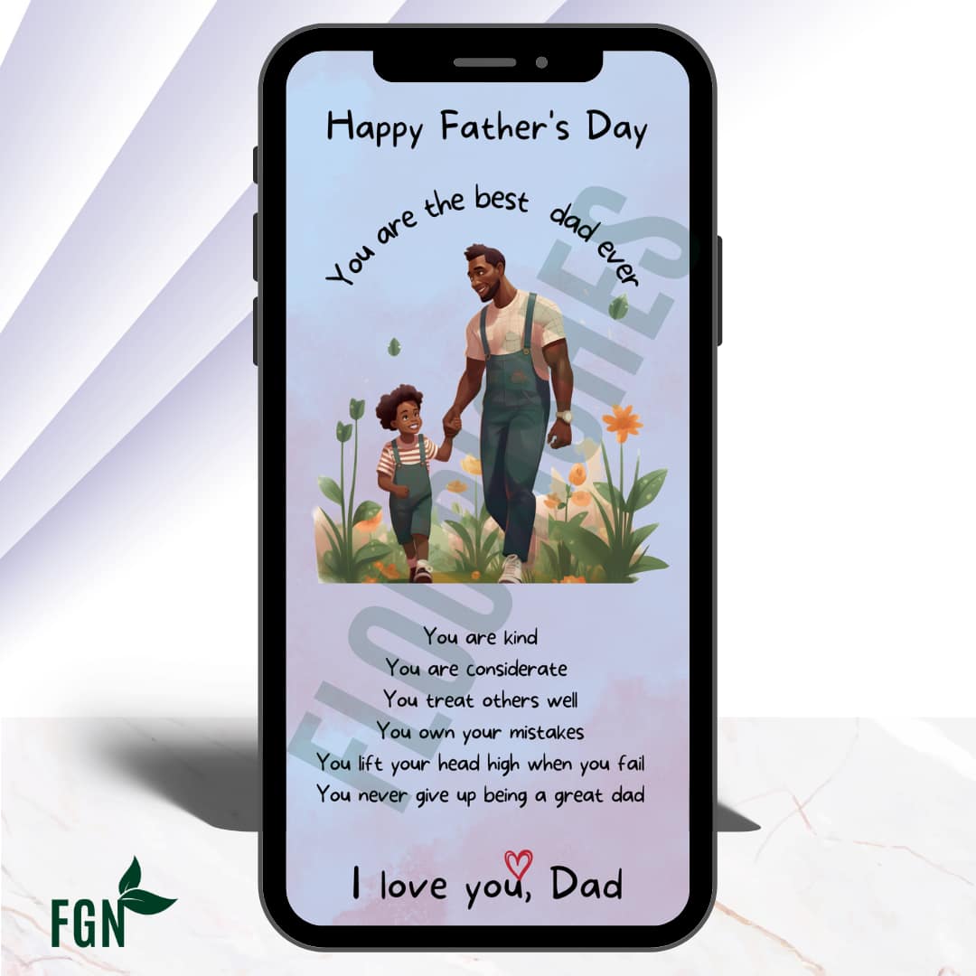 Mobile phone mockup of dad holding daughter while walking in the meadows