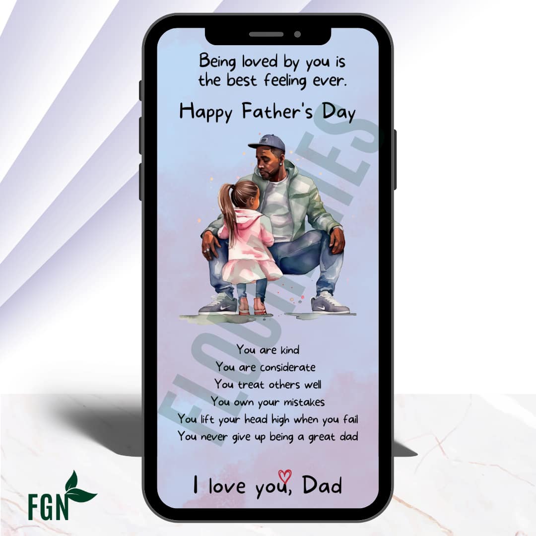Mobile phone mockup of dad crouching down to hold small daughter