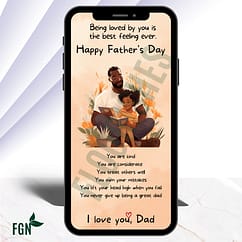 Design 3 Mobile phone mockup of dad reading with daughter in the garden