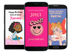 Birthday Mockup E-Messages Mockup of 3 mobile phones with personalised birthday messages for girls